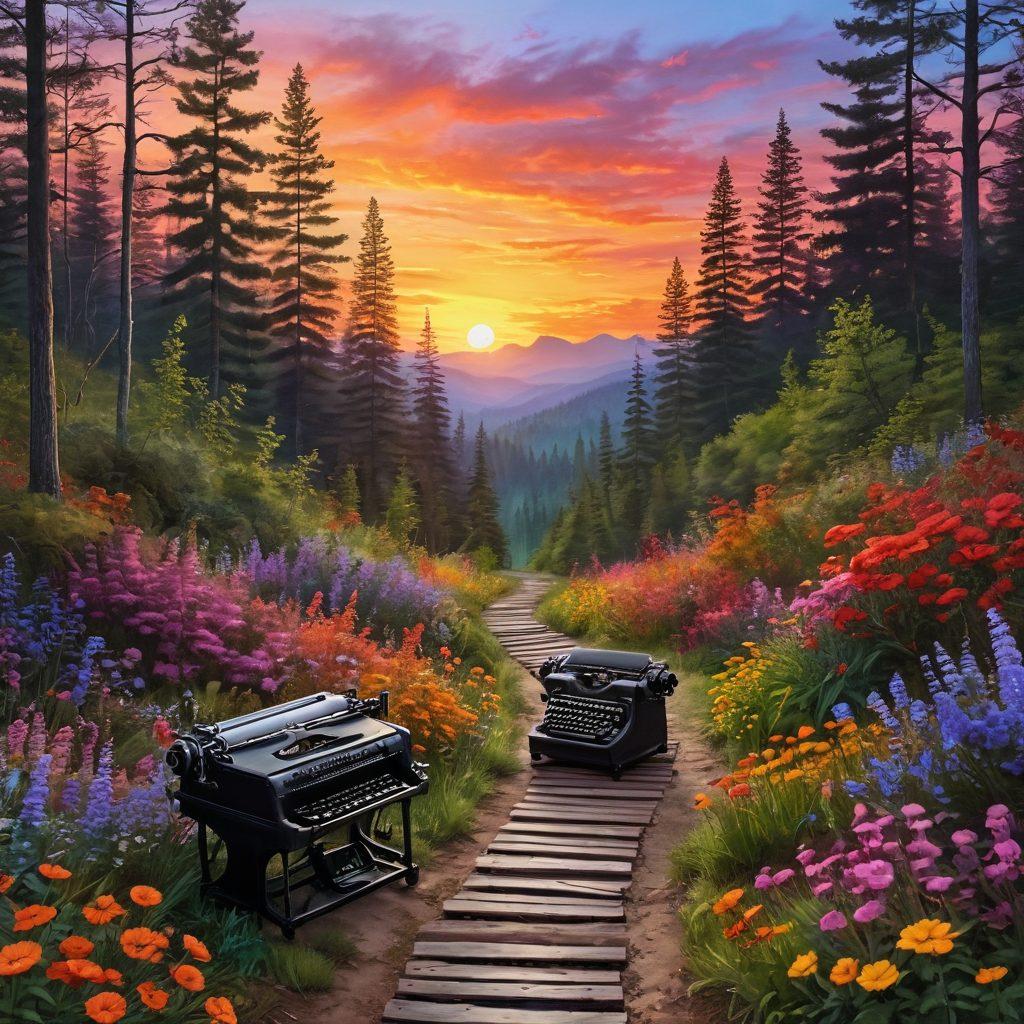 A whimsical landscape featuring a winding path through a vibrant forest, symbolizing a life journey. Along the path, there are creative elements like a typewriter and paintbrushes scattered among colorful flowers, representing authenticity and creativity. The sky is painted with a stunning sunset, casting warm hues across the scene, inviting tranquility and inspiration. Include a silhouette of a person walking the path, embracing their journey. super-realistic. vibrant colors. dreamy atmosphere.