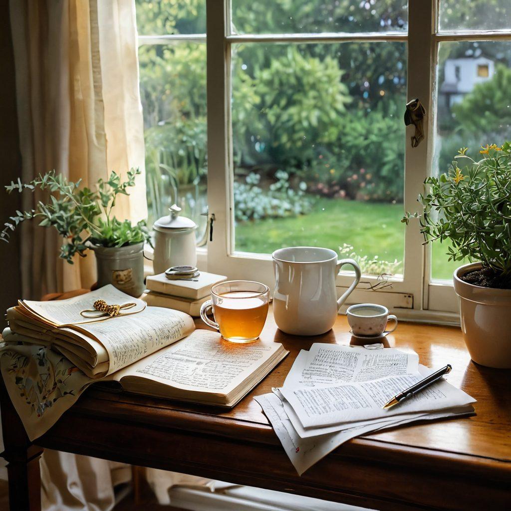 A beautifully arranged desk scene featuring an open journal with handwritten notes, a steaming cup of herbal tea, and a cozy blanket draped nearby. Soft, warm lighting filtering through a window showcases a peaceful garden in the background, inviting reflection and inspiration. Include subtle hints of travel memorabilia and personal touches to signify a journey. watercolor painting. warm tones. natural light.