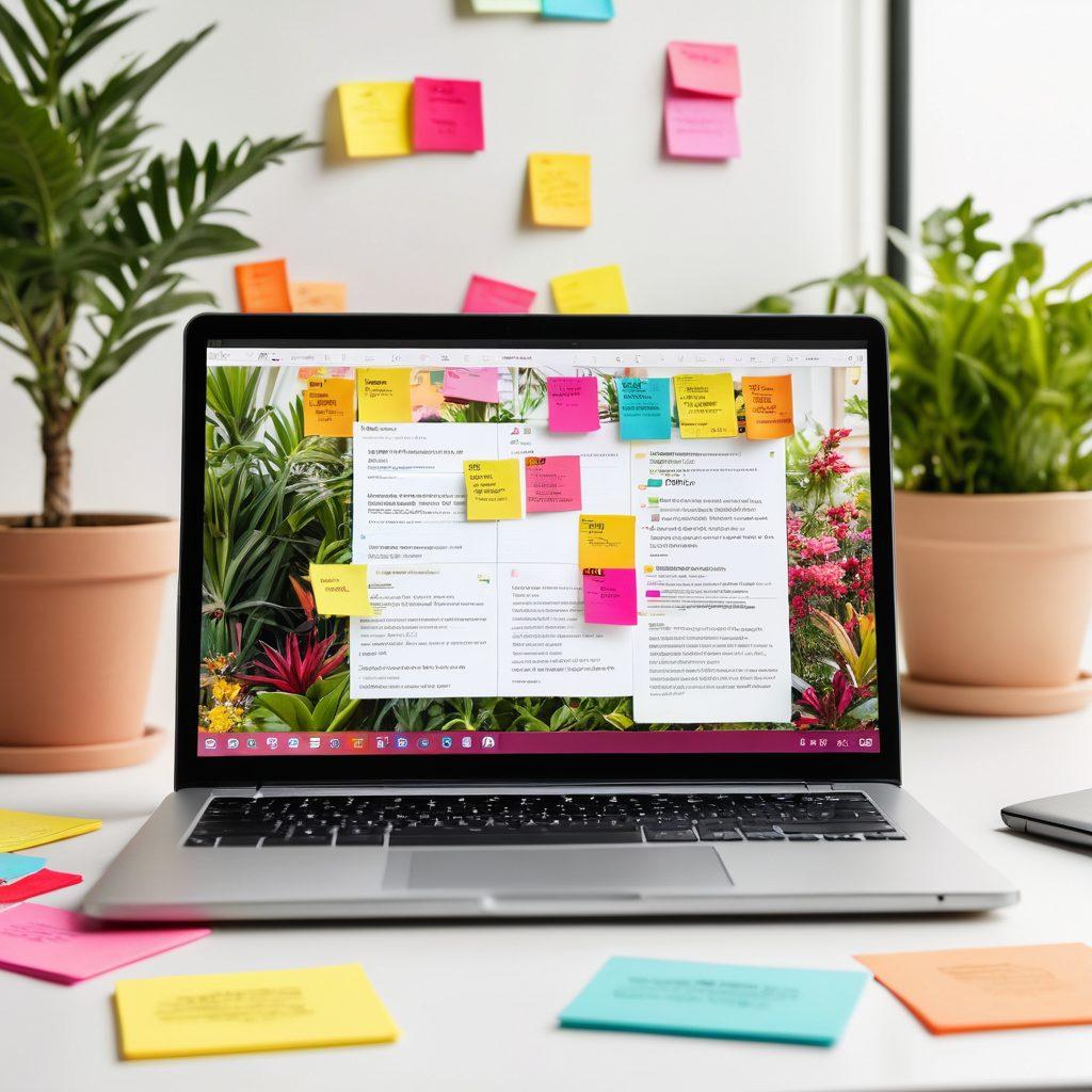 An open digital diary displayed on a sleek laptop, surrounded by colorful sticky notes with creative article ideas sketched on them, soft glowing ambient light illuminating the scene. In the background, blurred images of engaged readers and vibrant plants add life. Super-realistic. Vibrant colors. White background.